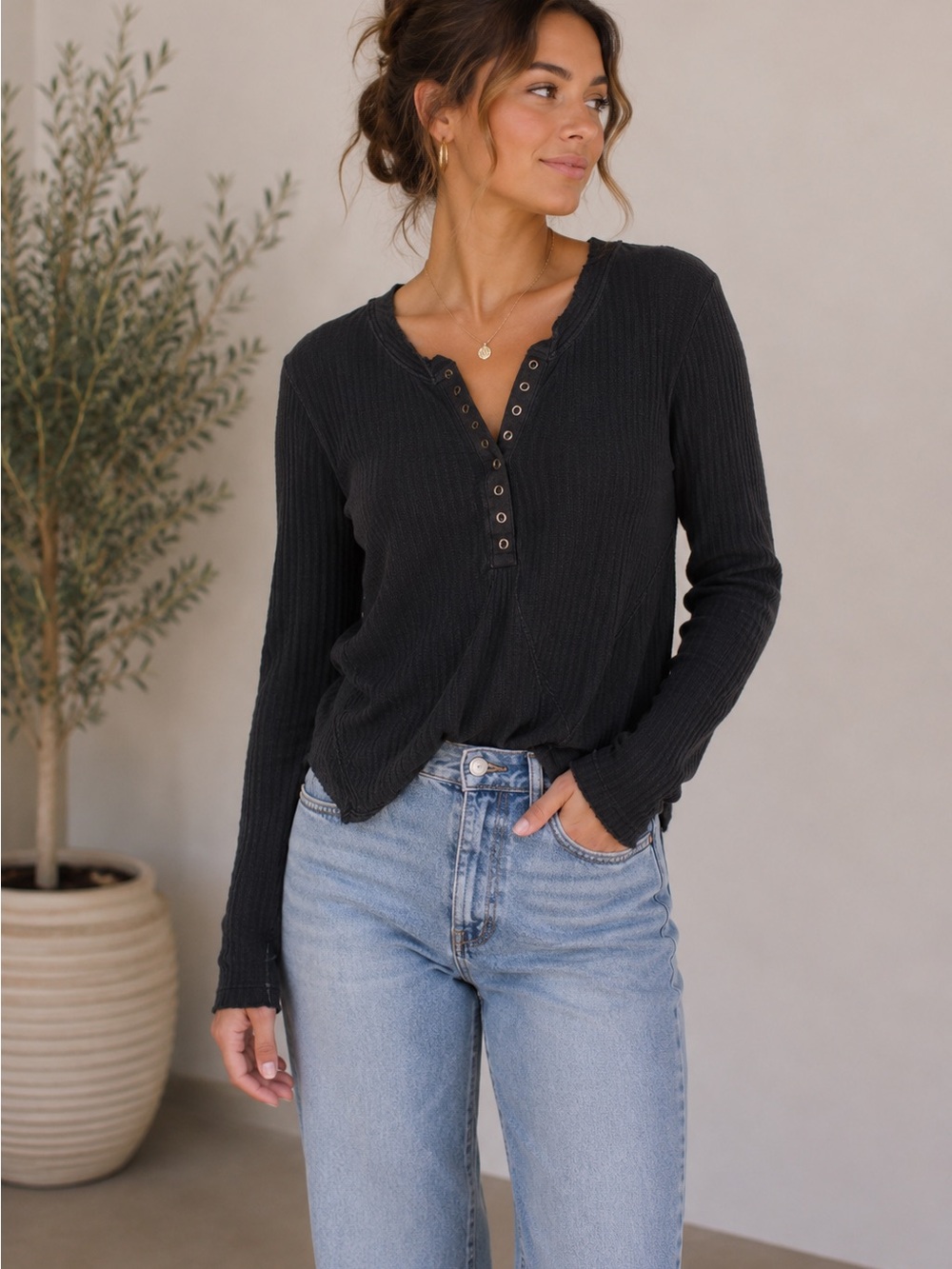 Natural Life Ribbed Henley Top Size Medium Black Boho